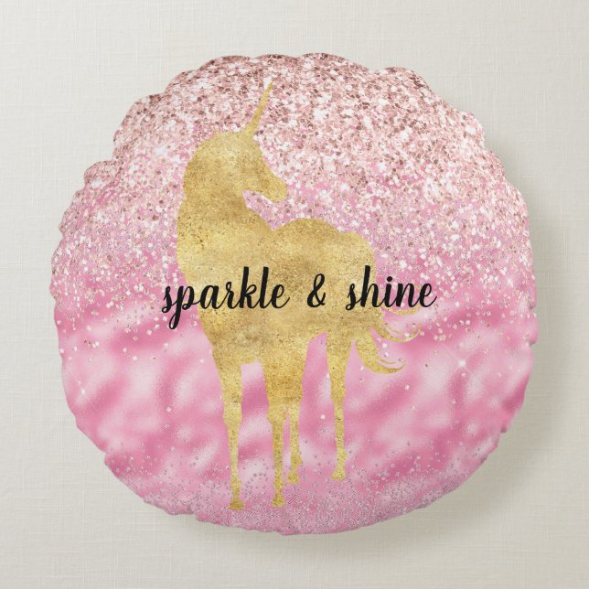 Pink Gold Glitzy Glitzer Unicorn Rundes Kissen (Vorderseite)