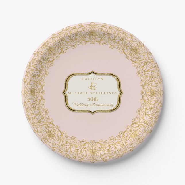 Pink Gold Golden 50th Wedding Anniversary Party Pappteller (Vorderseite)