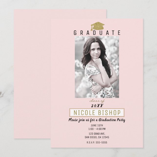 Pink Gold Graduate Foto Moderne Graduierungspartei Einladung (Vorne/Hinten)