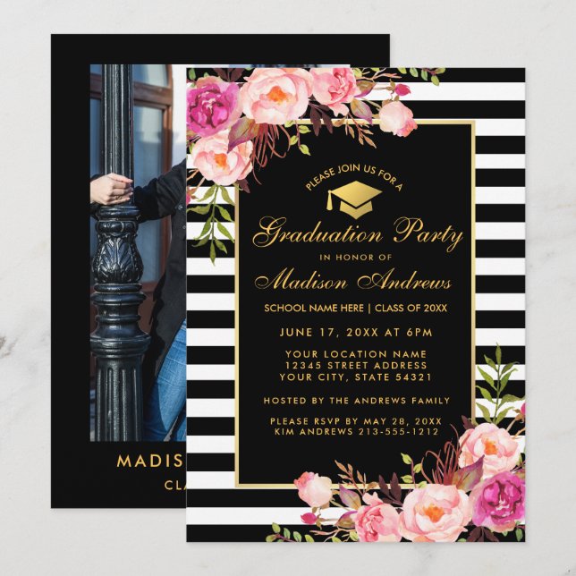Pink Gold Graduation Striped Invitation - Photo Re (Devant / Derrière)