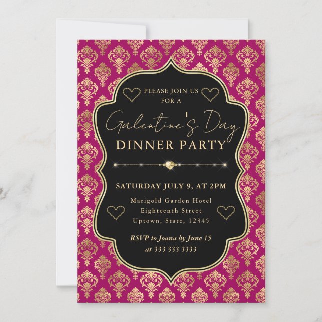Pink & Gold Heart Damask Galentine's Dinner Party Einladung (Vorderseite)