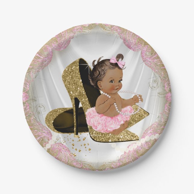 Pink Gold High Heel Ethnic Baby Dusche Pappteller (Vorderseite)