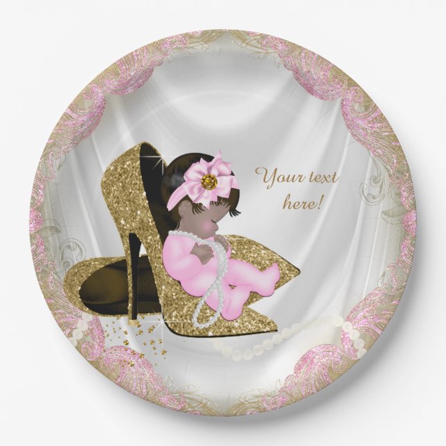 Pink Gold High Heel Ethnic Girl Baby Dusche Pappteller (Vorderseite)