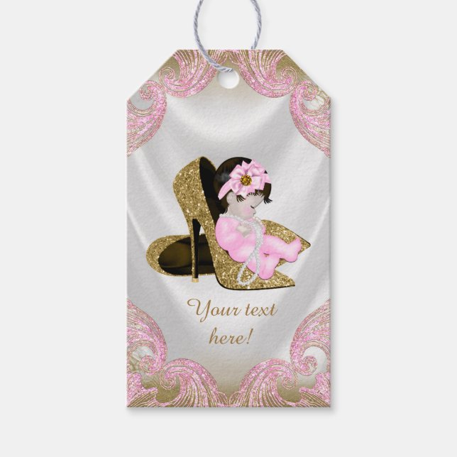Pink Gold High Heel Shoel Girl Baby Dusche Geschenkanhänger (Vorderseite)