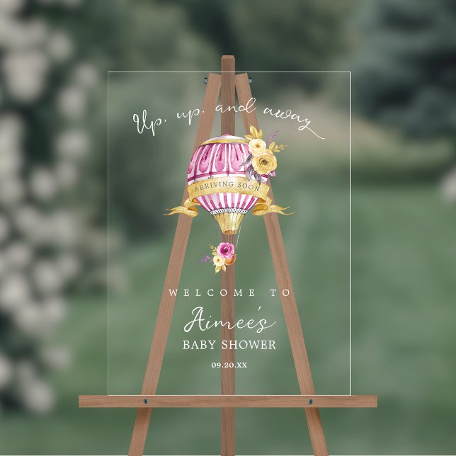 Pink Gold Hot Air Ballon Baby Dusche Begrüßungszei Acrylschild (Shown on an 18" x 24" acrylic sign)