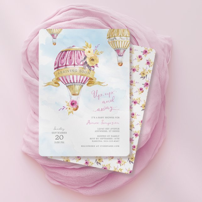 Pink Gold Hot Air Ballon Baby Dusche Einladung (Shown on a 5" x 7" invitation)