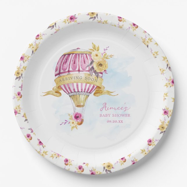 Pink Gold Hot Air Ballon Babydusche Personalisiert Pappteller (Vorderseite)