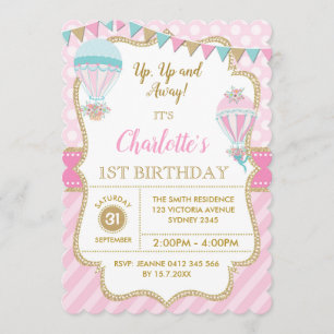 Pink Gold Hot Air Balloon Anniversaire Invitation 
