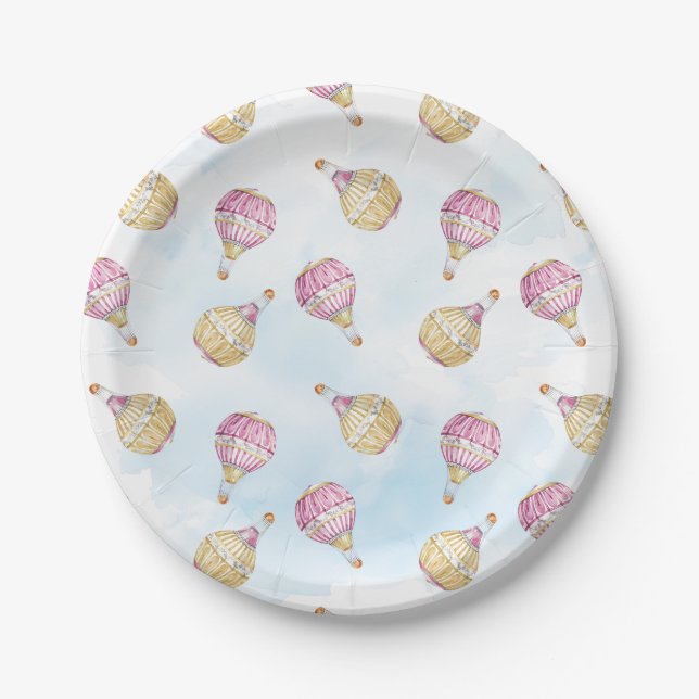 Pink Gold Hot Air Balloons Babydusche Pappteller (Vorderseite)