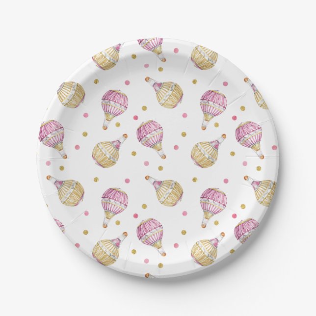 Pink Gold Hot Air Balloons Babydusche Pappteller (Vorderseite)