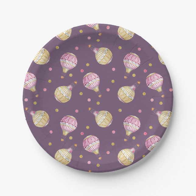 Pink+Gold Hot Air Balloons Babydusche Pappteller (Vorderseite)