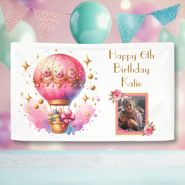 Pink Gold Hot Air Balloons Personalisiert Geburtst Banner (Von Creator hochgeladen)