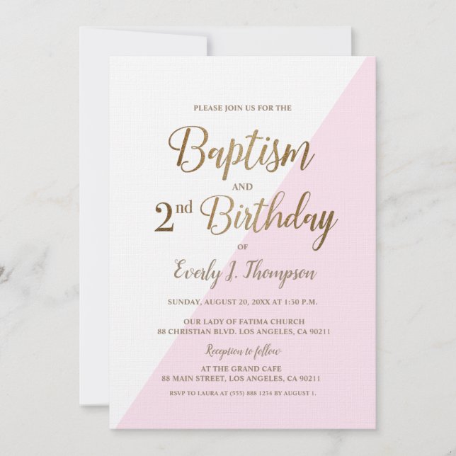 Pink Gold Joint Baptême 2e Invitation anniversaire (Devant)