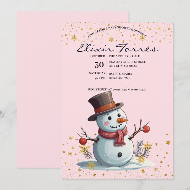 Pink & Gold Kleine Schneeflocken Snowman Baby Dusc Einladung (Vorne/Hinten)