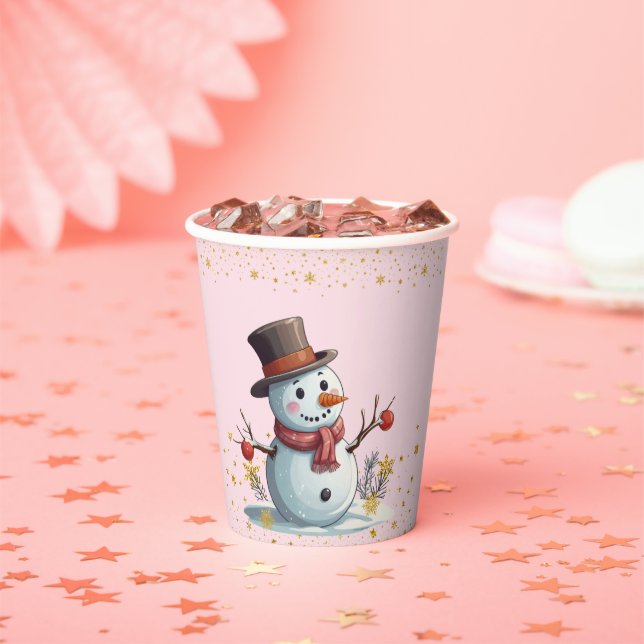 Pink & Gold Kleine Schneeflocken Snowman Baby Dusc Pappbecher (Insitu)