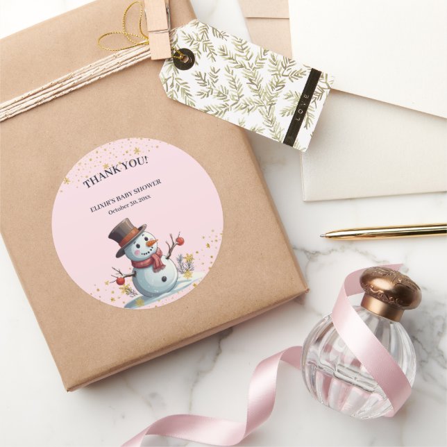 Pink & Gold Kleine Schneeflocken Snowman Baby Dusc Runder Aufkleber (Schenken)