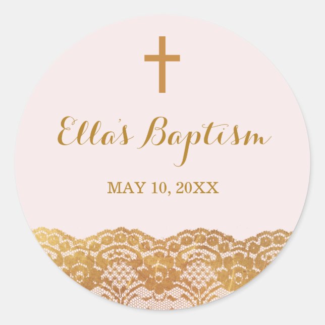 Pink Gold Lace Girl Taufen Sticker (Vorderseite)