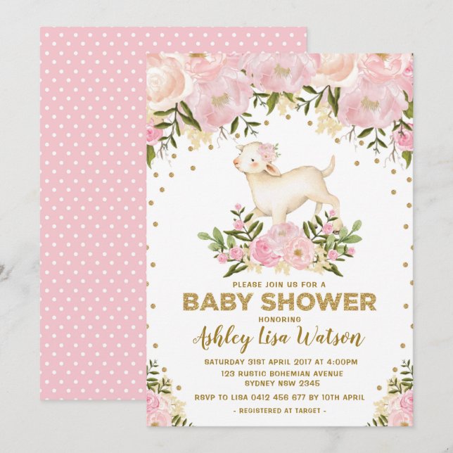 Pink Gold Lamb Babydusche Blush Blues Einladung (Vorne/Hinten)