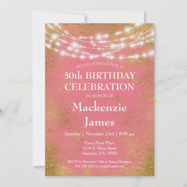 Pink Gold Lights Anniversaire Fête Invitation Adul (Devant)