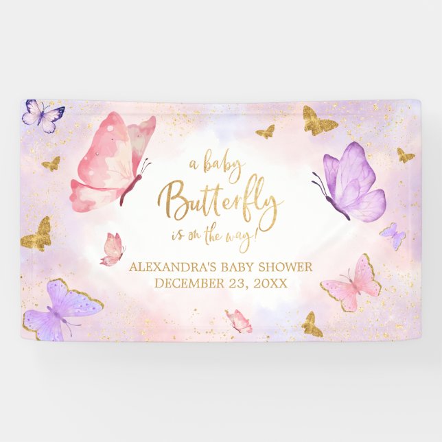 Pink Gold Lila Butterfly Baby Dusche Banner (Horizontal)