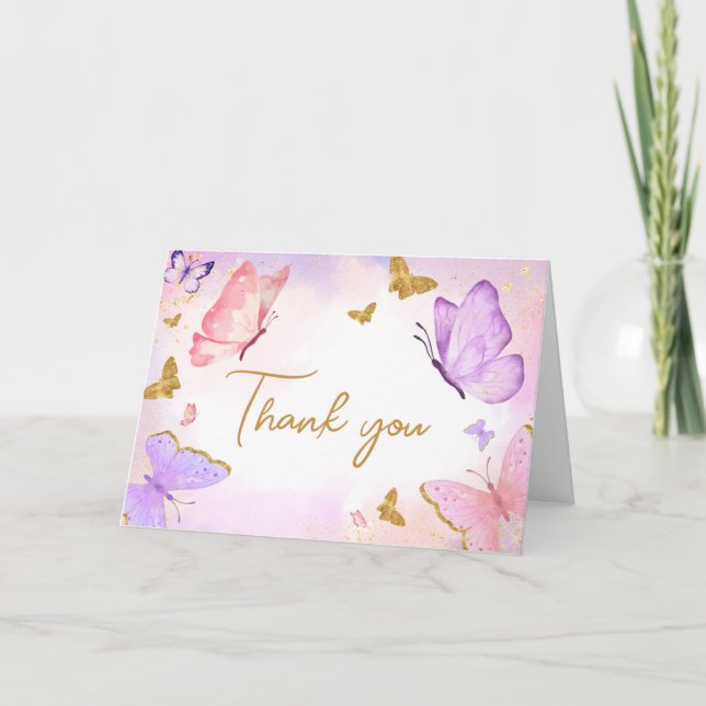 Pink Gold Lila Butterfly Baby Dusche Dankeskarte (Vorderseite)