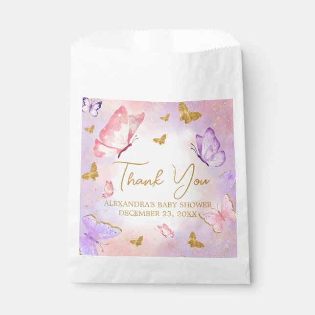 Pink Gold Lila Butterfly Baby Dusche Geschenktütchen (Vorderseite)