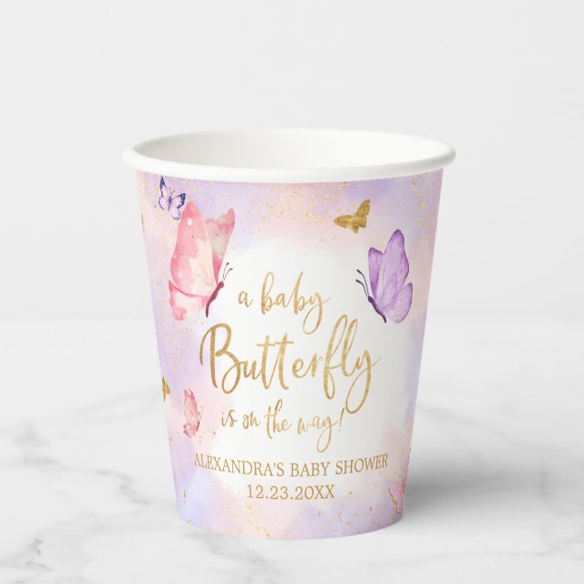 Pink Gold Lila Butterfly Baby Dusche Pappbecher (Vorderseite)