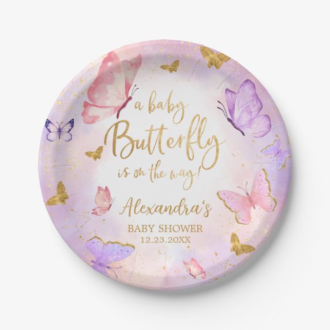 Pink Gold Lila Butterfly Baby Dusche Pappteller (Vorderseite)