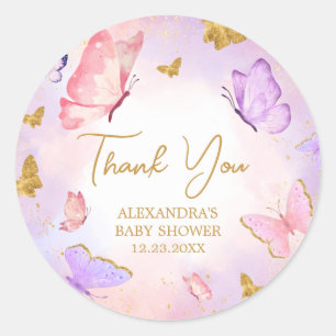 Pink Gold Lila Butterfly Baby Dusche Runder Aufkleber