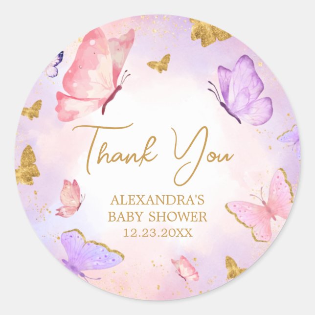 Pink Gold Lila Butterfly Baby Dusche Runder Aufkleber (Vorderseite)