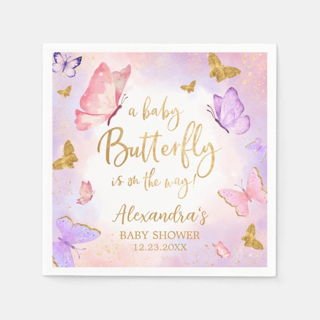 Pink Gold Lila Butterfly Baby Dusche Serviette (Vorderseite)