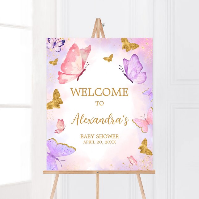 Pink Gold Lila Butterfly Baby Dusche Willkommen Poster (Boho Butterfly Baby Shower Welcome Sign)
