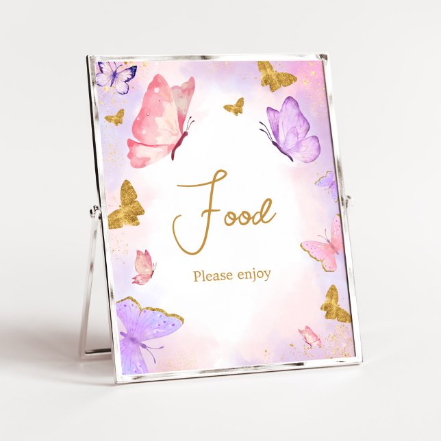 Pink Gold Lila Butterfly Babydusche Poster (Boho Butterfly Baby Shower Food Sign)