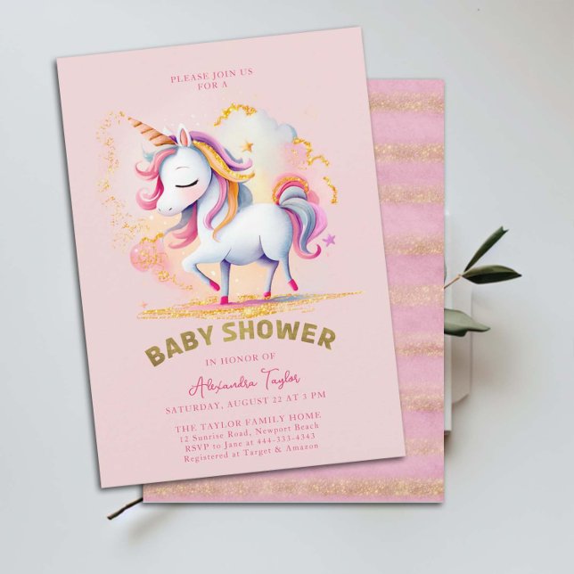 Pink Gold Magical Unicorn Rainbow Girl Baby Dusche Einladung (unicorn girl baby shower invitation magical whimsical gold rainbows clouds watercolor illustration)