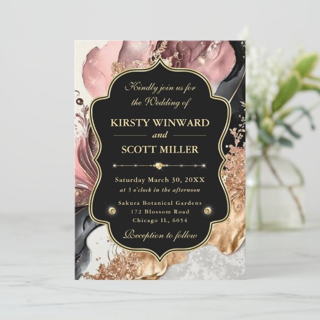 Pink Gold Marble Floral Elegant Wedding Einladung (Stehend Vorderseite)