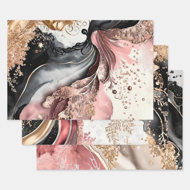 Pink Gold Marble Floral Glitter Abstract Design Geschenkpapier Set (Set)