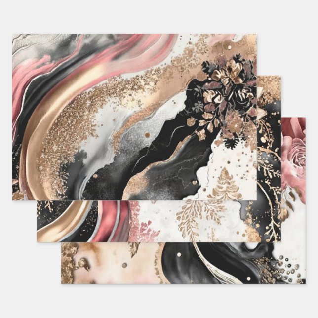 Pink Gold Marble Floral Glitter Abstract Design Geschenkpapier Set (Set)