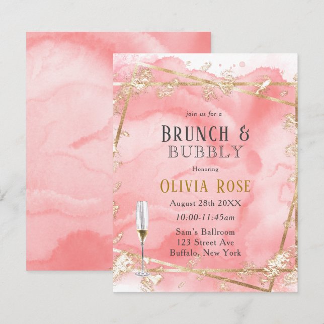 Pink Gold Märchenbrunch & Bubbly Einladung (Vorne/Hinten)