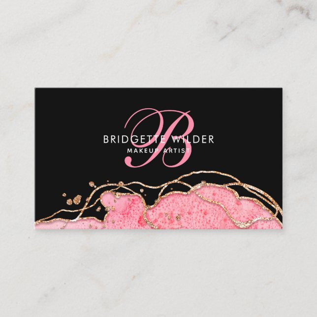 Pink Gold Marmor Agate Black Makeup Artist Visitenkarte (Vorderseite)