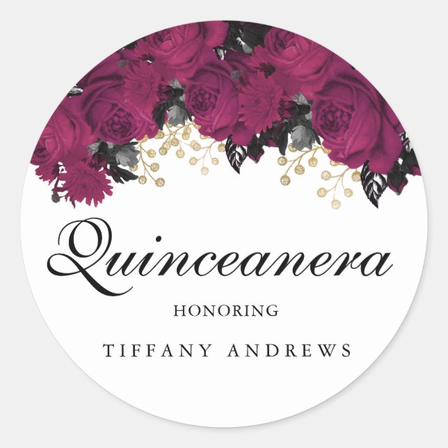 Pink Gold Marsala Blume Quinceanera Gefallen Runder Aufkleber (Vorderseite)