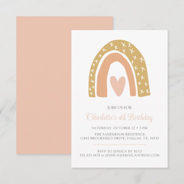Pink Gold Minimalistisch Boho Rainbow Birthday Par Einladung (Vorne/Hinten)