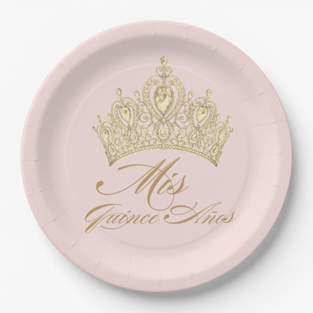 Pink Gold Mis Quince Anos Chic Elegante Tiara Pappteller (Vorderseite)