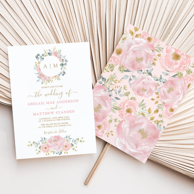 Pink Gold Monogram Watercolor Floral Wedding Party Einladung (Von Creator hochgeladen)