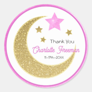 Pink Gold Moon & Stars Kinderdusche Vielen Dank Runder Aufkleber