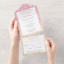 Pink Gold Ombre Paisley Henna Wedding RSVP All In One Einladung