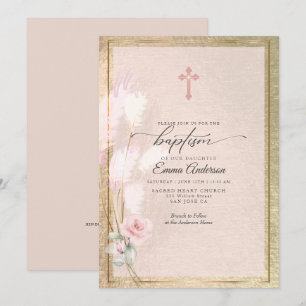 Pink Gold Pampas Grass Floral BAPTISM Einladung