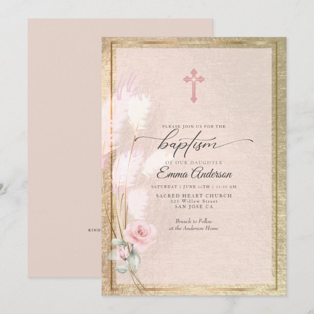 Pink Gold Pampas Grass Floral BAPTISM Einladung (Vorne/Hinten)