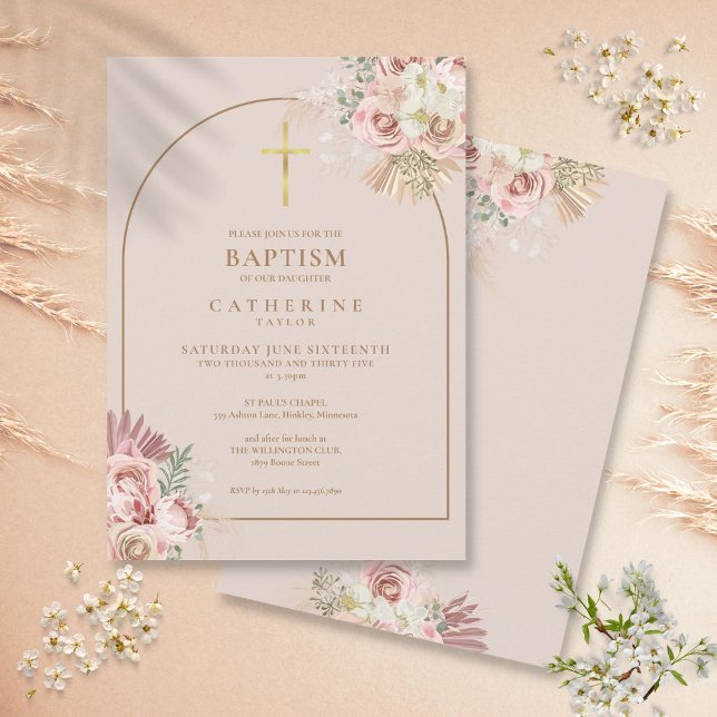 Pink Gold Pampas Grass Girl Taufe Einladung (Pink Gold Pampas Grass Girl Baptism Christening Invitation)