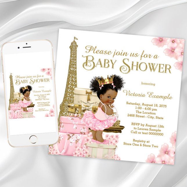 Pink Gold Paris Afro Princess Baby Dusche Einladung (Girl Paris baby shower invitation. Instant download and printed invitations available.)