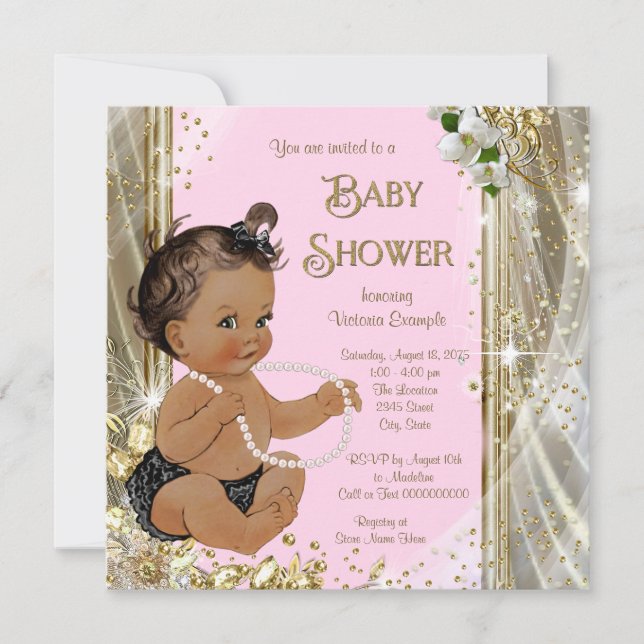 Pink Gold Pearl Ethnic Girl Baby Dusche Einladung (Vorderseite)